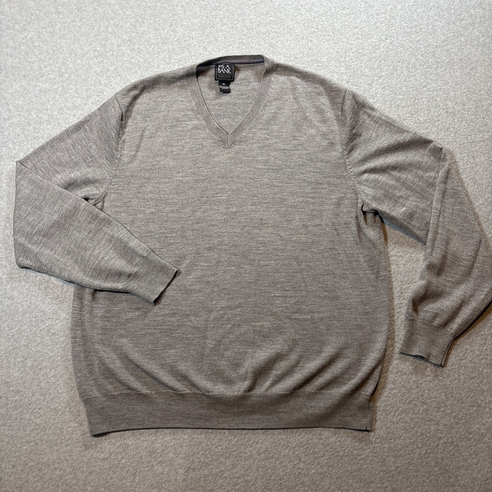 Jos A Bank 100% Merino Wool V Neck Gray Men's Long Sleeve Sweater Sz‎ 2XL